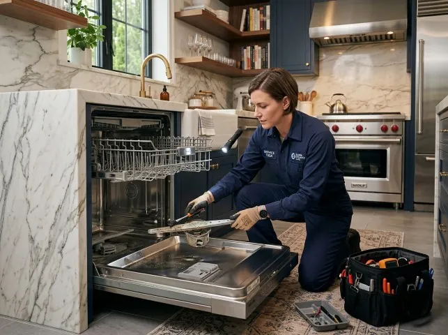 Appliance Repair Hero technician servicing a built-in dishwasher in a Auburn, WA kitchen