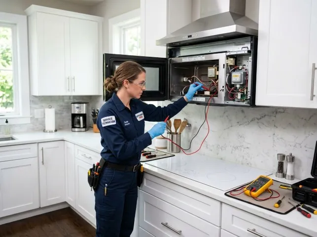 Appliance Repair Hero technician testing an over-the-range microwave in a Auburn, WA kitchen