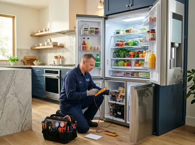Appliance Repair Hero refrigerator technician testing a fridge on a Auburn, WA service call